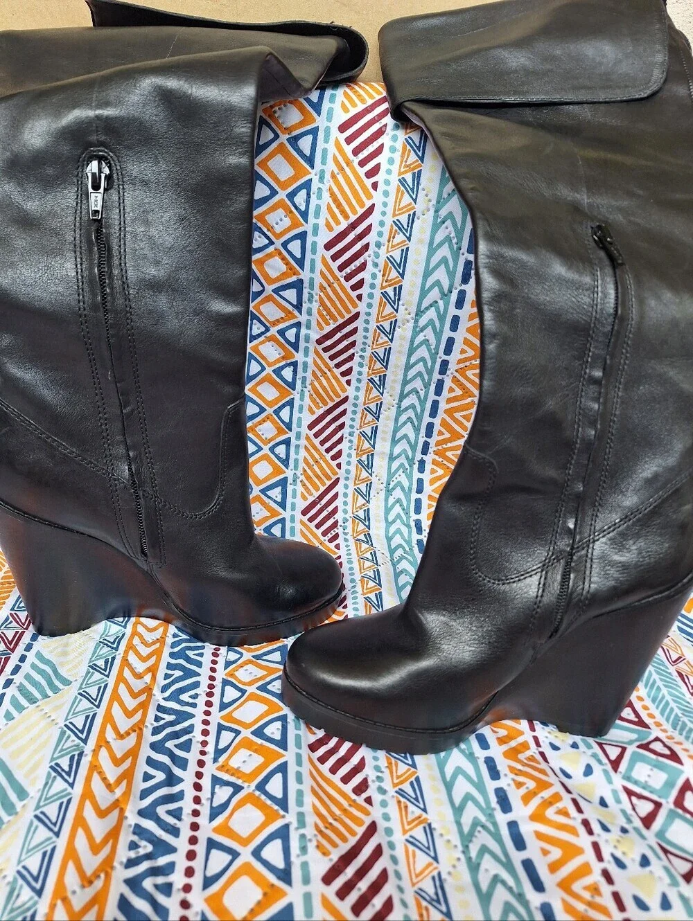 Lauren Ralph Lauren Wilda Black Leather Wedge Knee High Foldover Boots Size 6.5